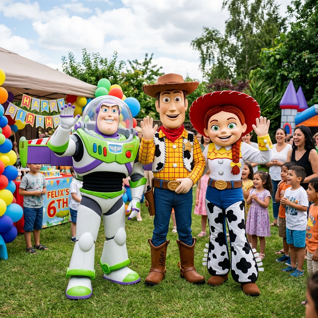 Character mascots at a kids birthday party