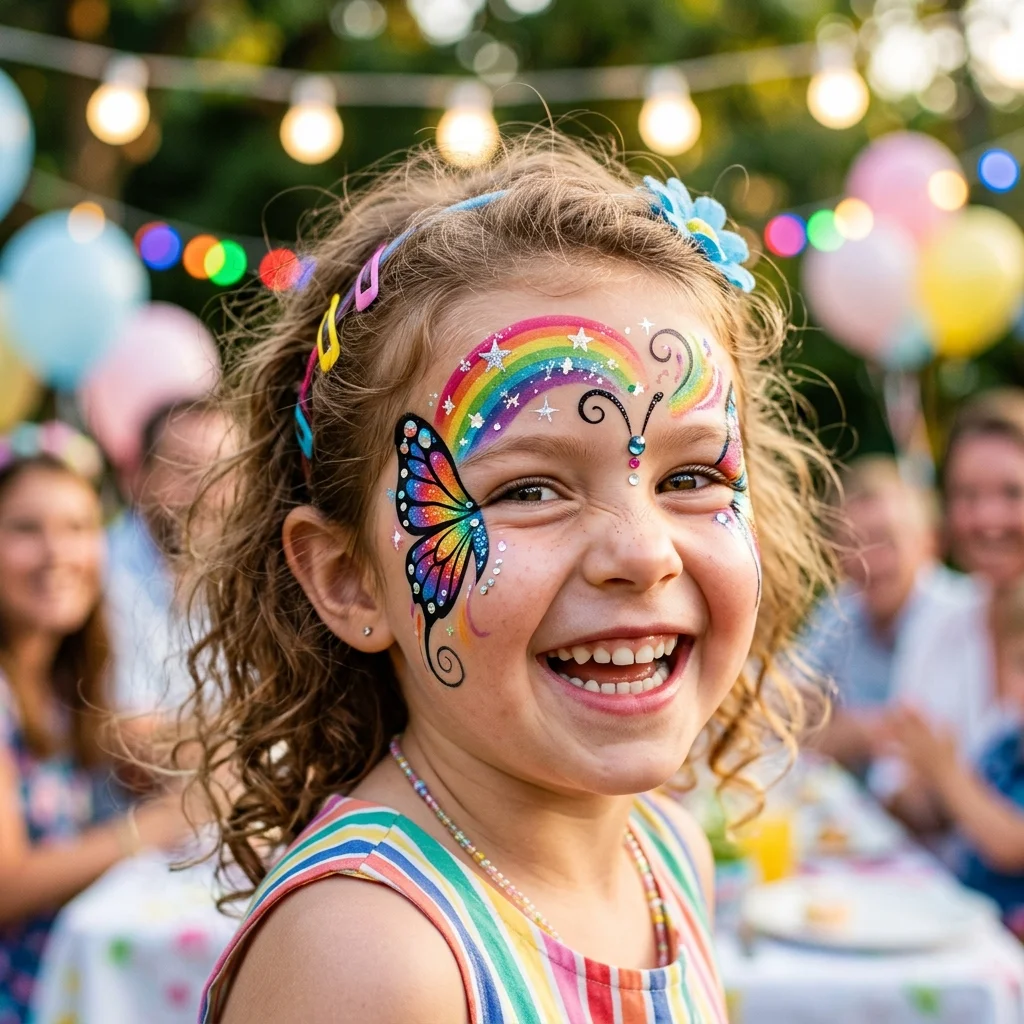 Child with beautiful butterfly face paint